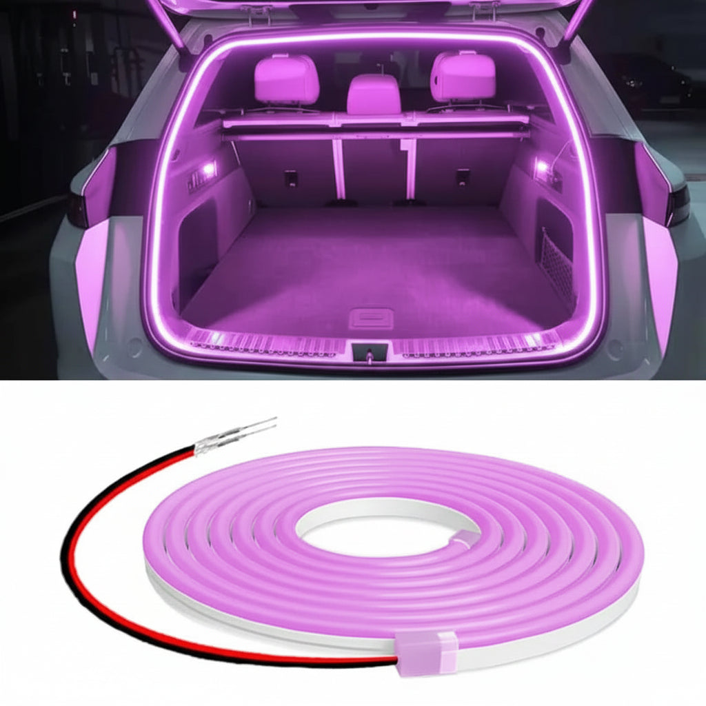 Car trunk with pink LED strip lighting and product packaging with LED strip, tape, and cutter.