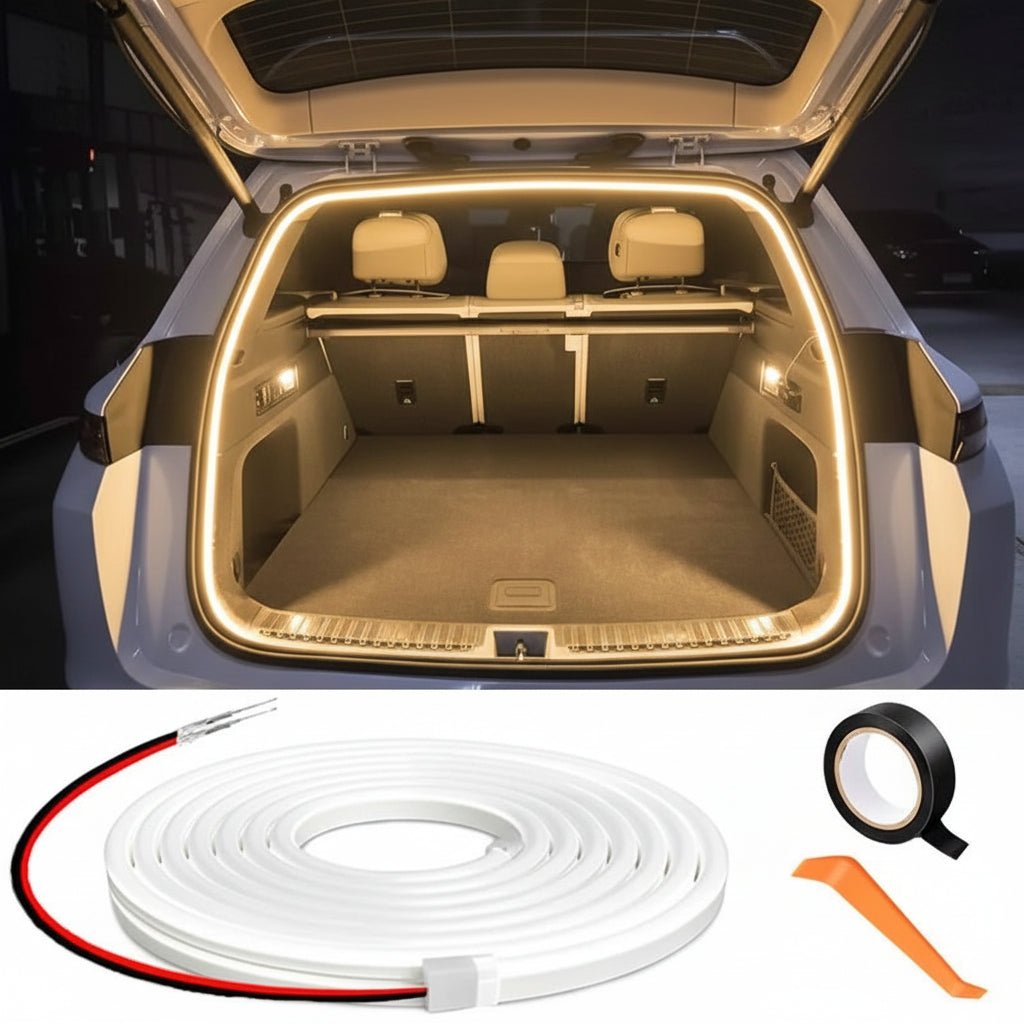 Car trunk with warm light and 4M LED strip kit on a white background
