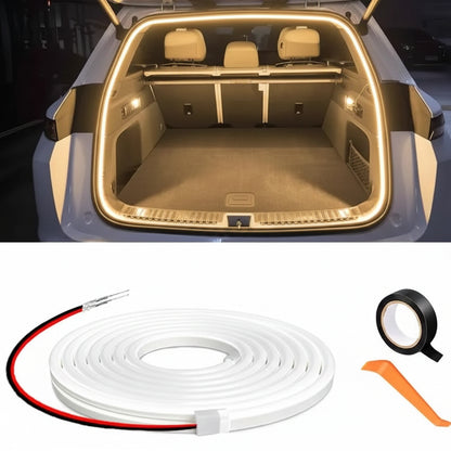 Car trunk with warm light strip and accessories on a white background