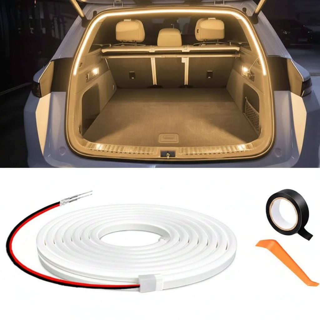 Car trunk with warm light strip, tape, and cutter on a white background