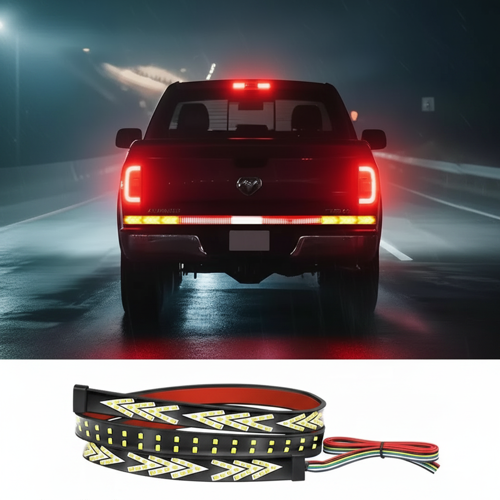 Car with LED strip lights on the back, showing different color options.