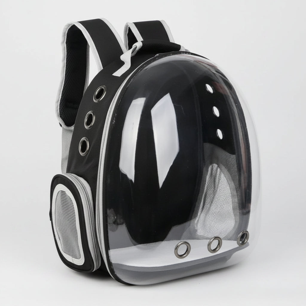 Clear pet backpack with black straps on a white background