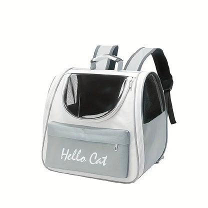 Clear pet carrier with 'Hello Cat' text on a white background
