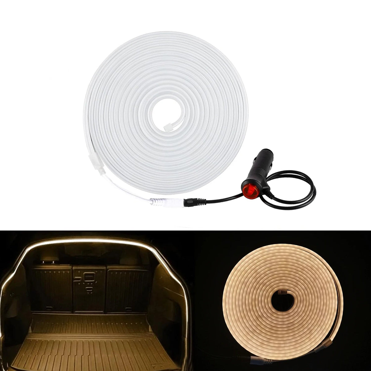 Coiled warm white LED light strip with a car cigarette lighter power adapter, shown on a white background