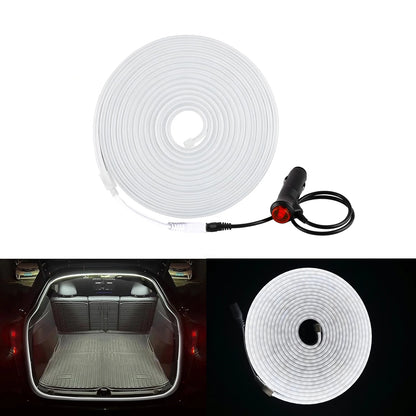 Coiled white LED light strip with a black car cigarette lighter power adapter, shown on a white background with two smaller inset photos demonstrating the light turned on inside a car trunk and a close-up of the illuminated strip.