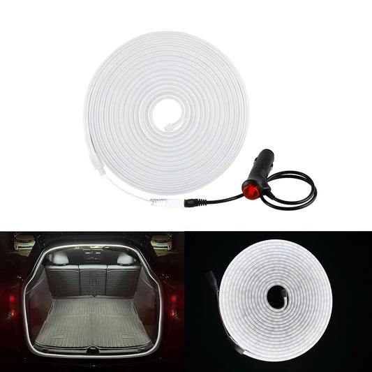 Coiled white LED light strip with a black car cigarette lighter power adapter, shown on a white background with two smaller inset photos demonstrating the light turned on inside a car trunk and a close-up of the illuminated strip.