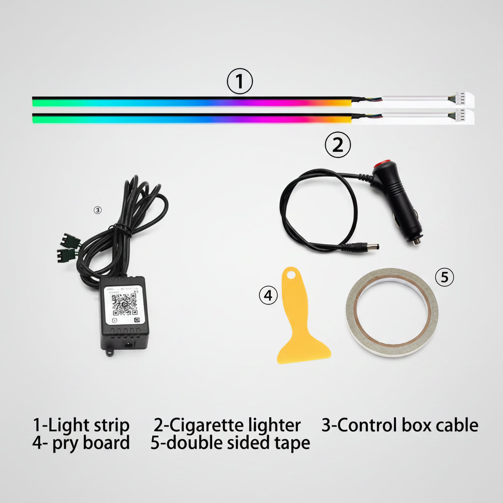 Collection of car modification parts including a light strip, cigarette lighter, control box cable, pry board, and double-sided tape on a white background.