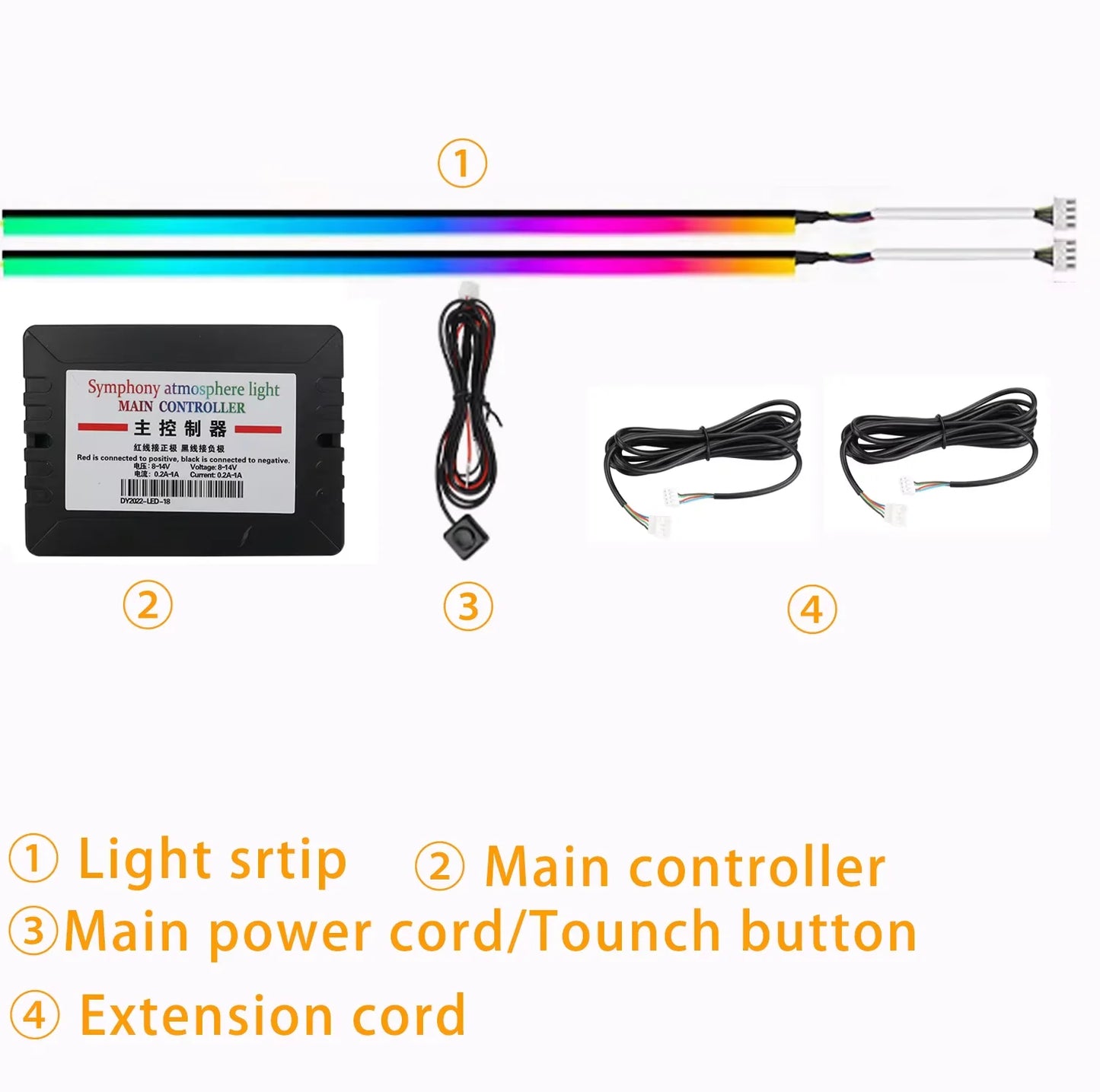 Colorful LED light strip with controller, power cord, and extension cord on a white background.