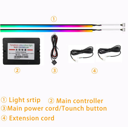 Colorful LED light strip with controller, power cord, and extension cord on a white background.