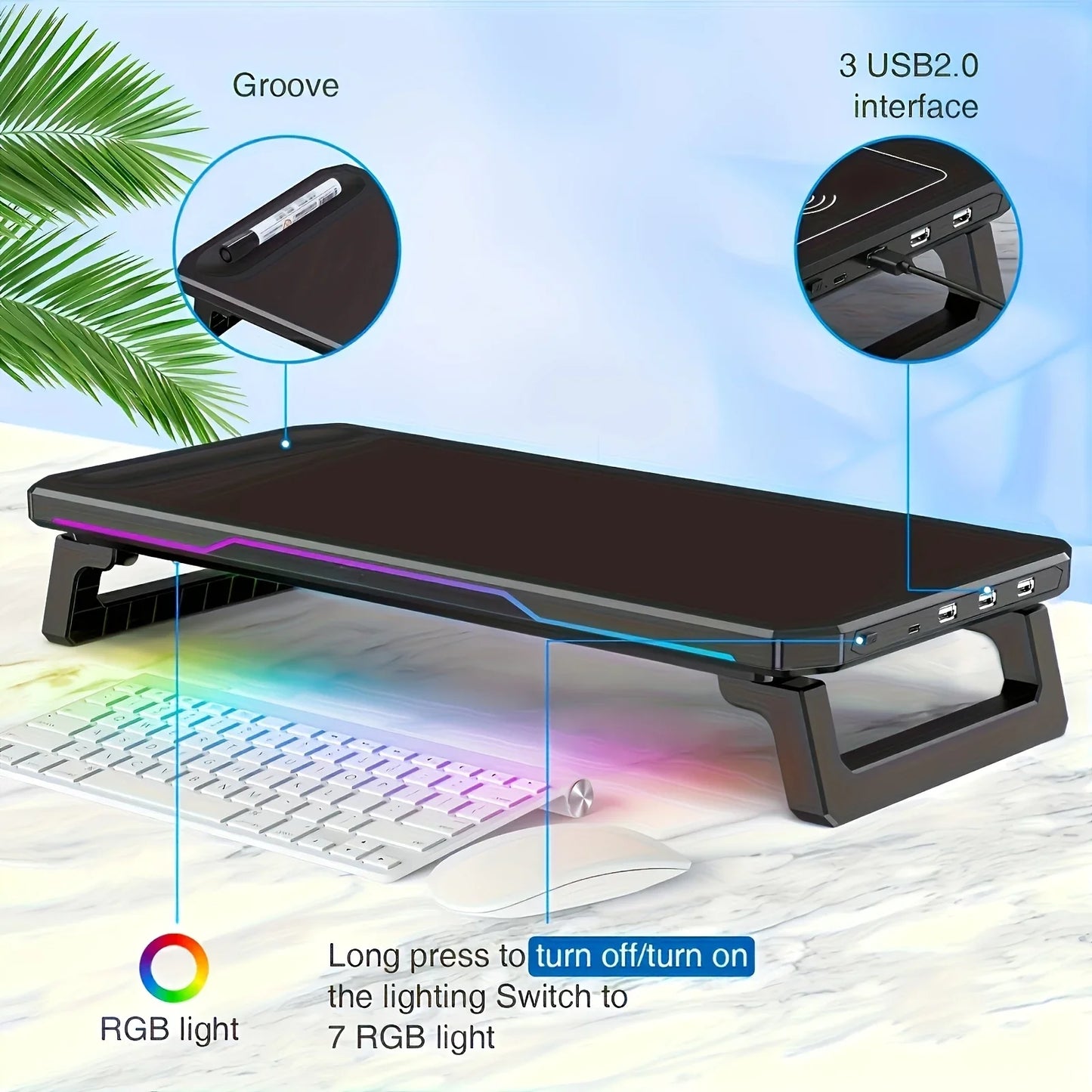 Computer monitor stand with RGB lighting and USB ports on a desk.