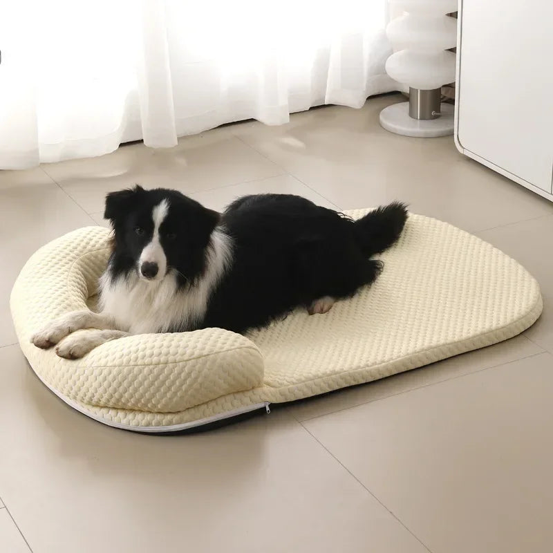 Dog lying on a beige pet bed in a room with light-colored flooring and white curtains.