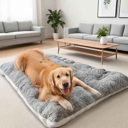Dog lying on a fluffy gray pet bed in a modern living room.