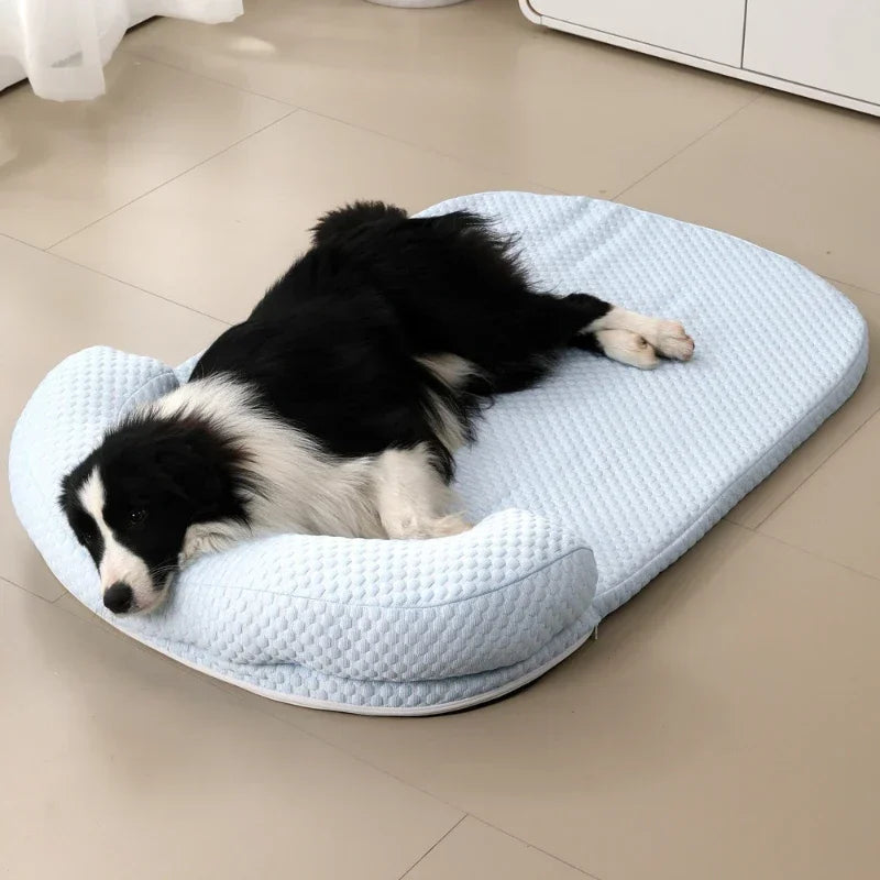 Dog lying on a textured pet bed in a room with a tiled floor.