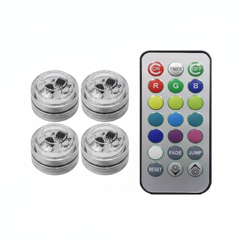 Four cylindrical light bulbs with a remote control on a white background