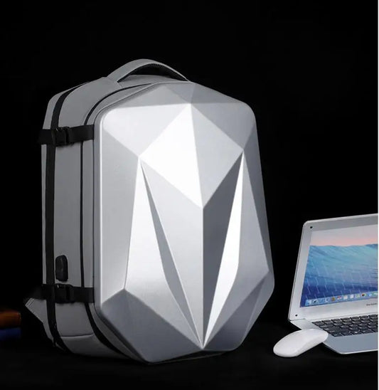 Geometric design backpack with a laptop on a black background