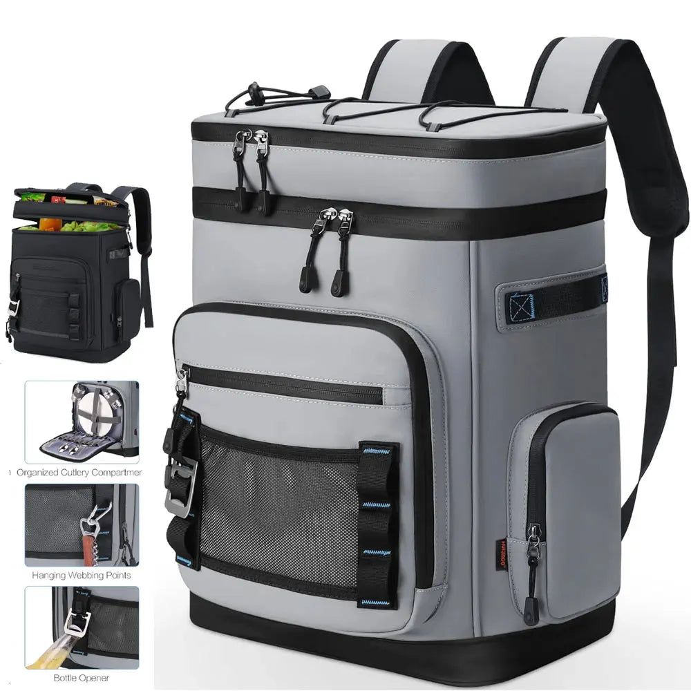 Gray and black backpack cooler with additional compartments and features displayed.