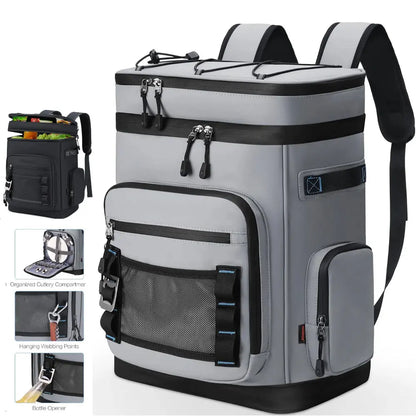 Gray and black backpack cooler with additional compartments and features displayed.