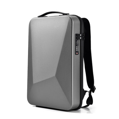 Gray backpack with a digital display on a white background