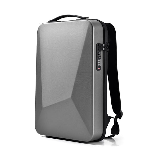 Gray backpack with a digital display on a white background