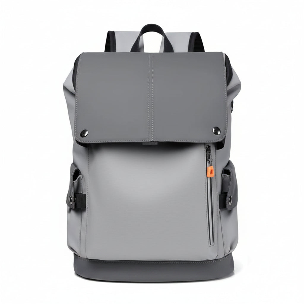 Gray backpack with a front pocket on a white background