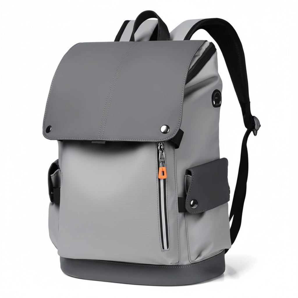 Gray backpack with black straps on a white background