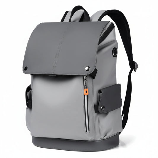 Gray backpack with black straps on a white background