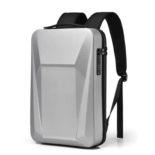 Gray backpack with black straps on a white background