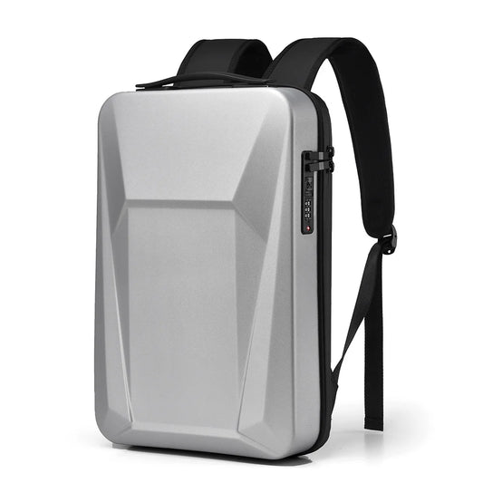 Gray backpack with black straps on a white background