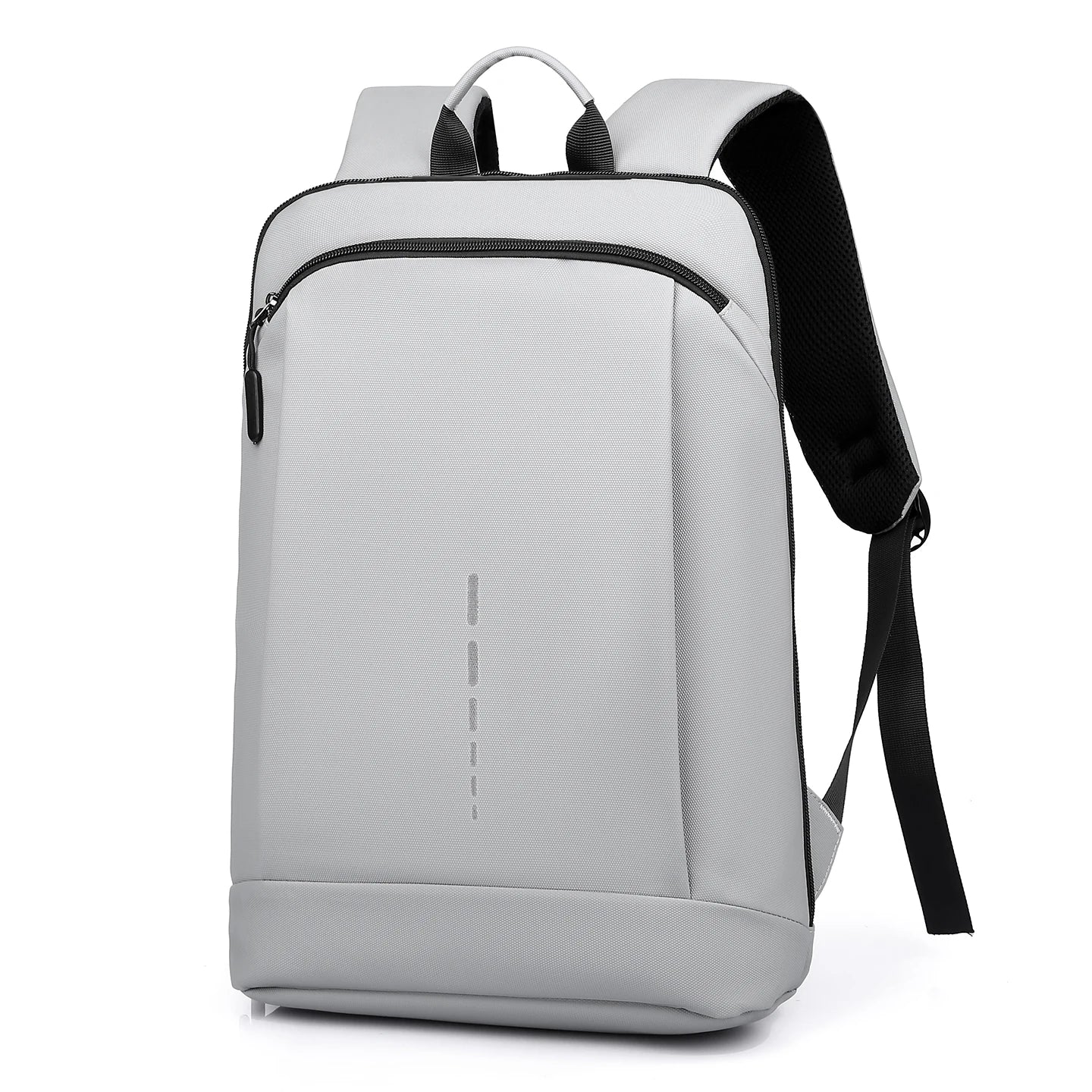 Gray backpack with black straps on a white background