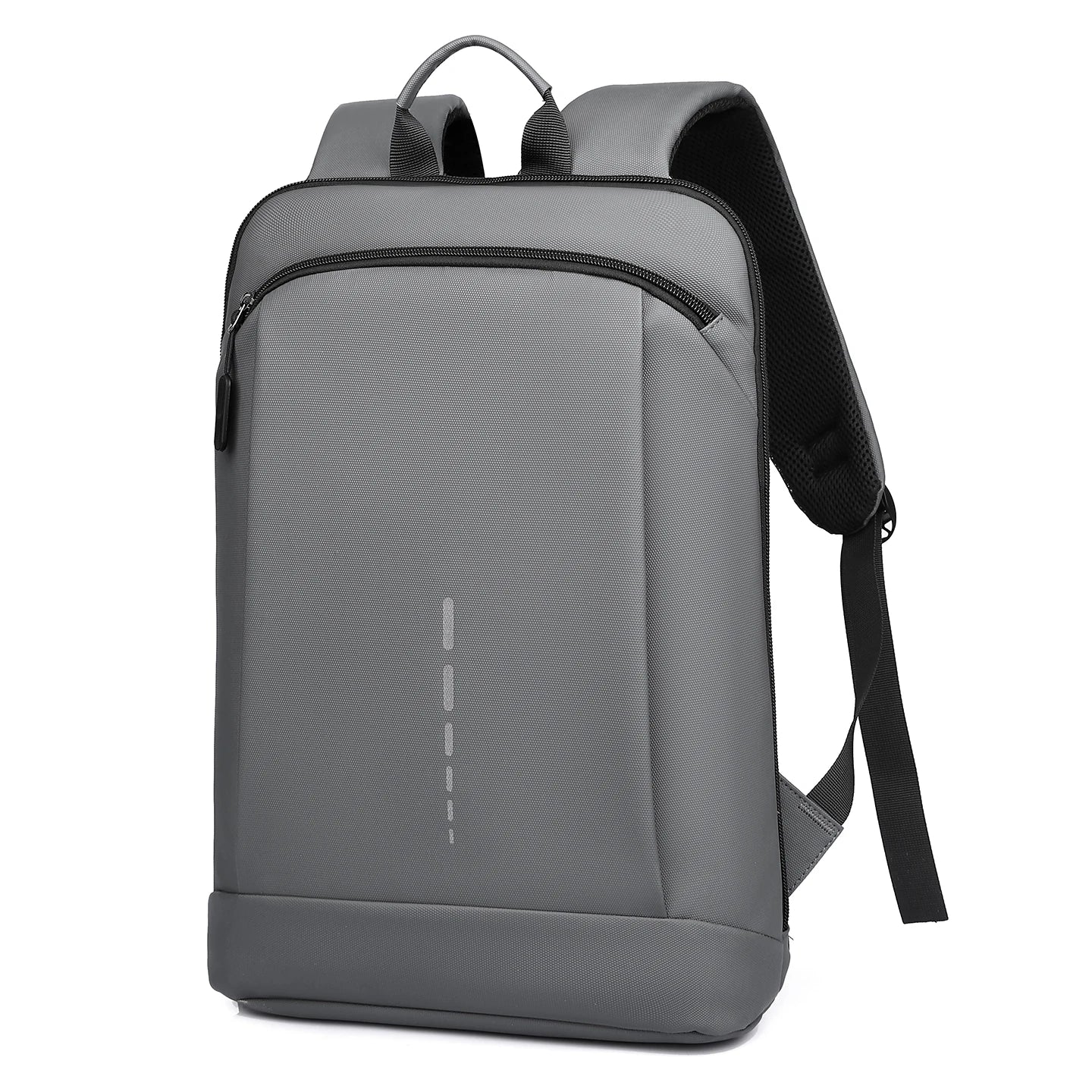 Gray backpack with black straps on a white background