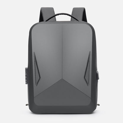 Gray backpack with geometric design on a light gray background