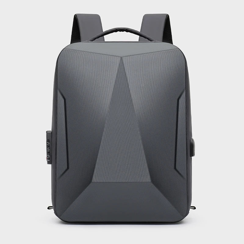Gray backpack with geometric design on a light gray background