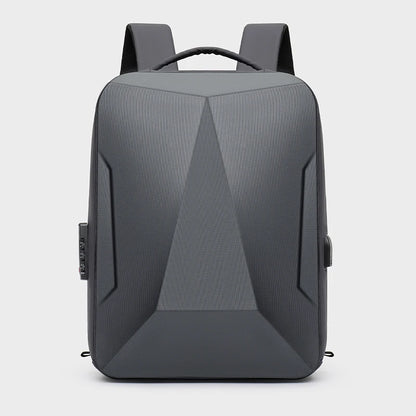 Gray backpack with geometric design on a light gray background
