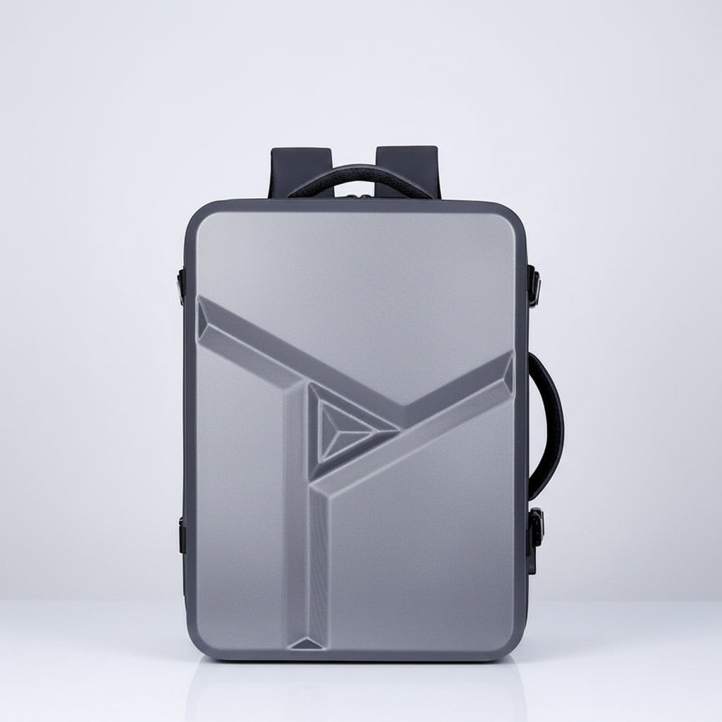 Gray backpack with geometric design on a white background