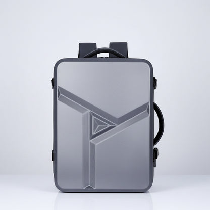 Gray backpack with geometric design on a white background