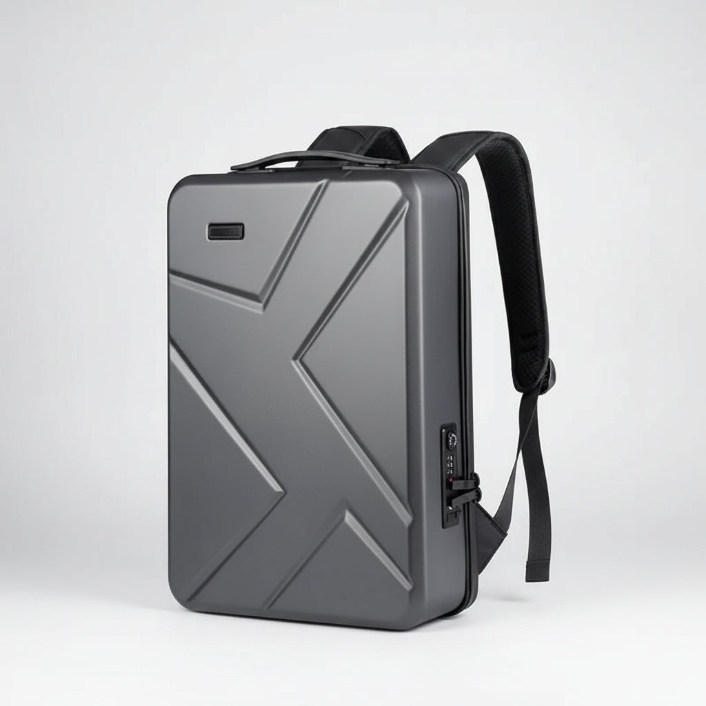 Gray backpack with geometric design on a white background