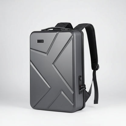 Gray backpack with geometric design on a white background