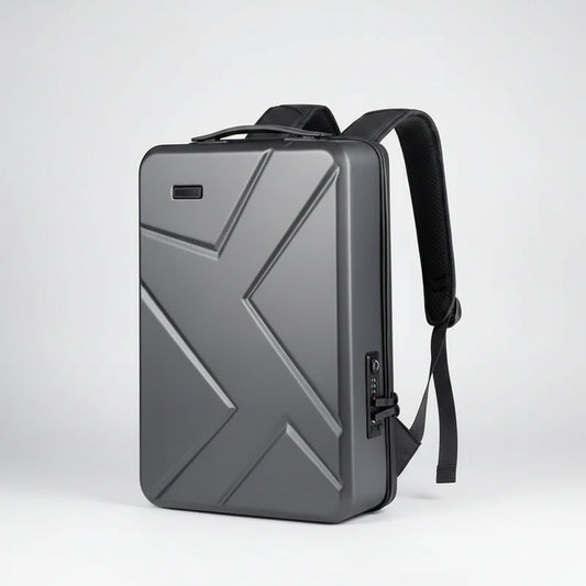 Gray backpack with geometric design on a white background