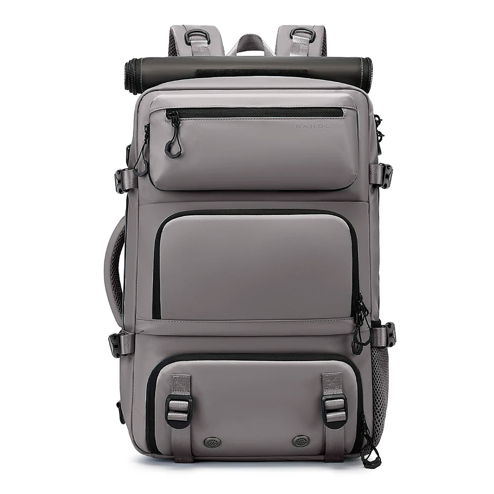 Gray backpack with multiple compartments on a white background