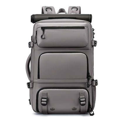 Gray backpack with multiple compartments on a white background