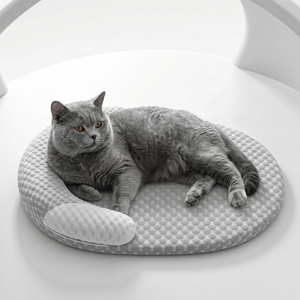 Gray cat lying on a round, cushioned pet bed with a white background