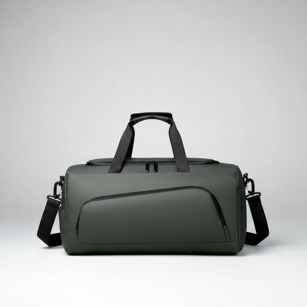 Gray duffel bag with black straps on a white background