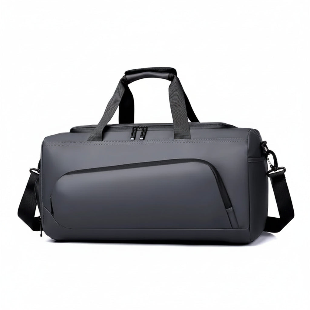 Gray duffel bag with black straps on a white background