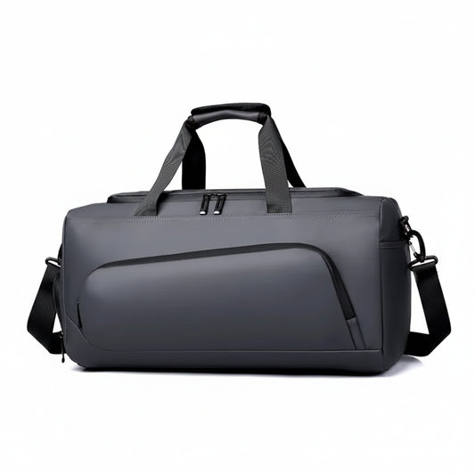 Gray duffel bag with black straps on a white background