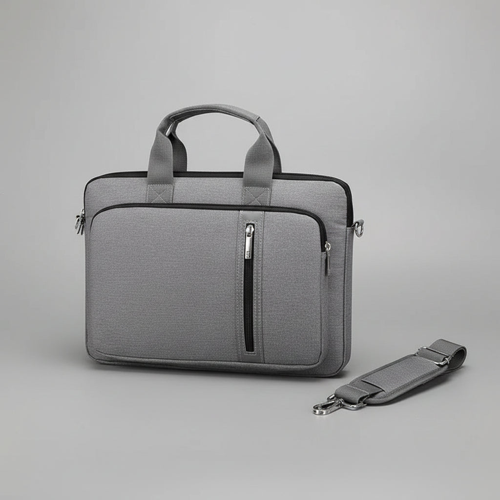 Gray laptop bag with handle and shoulder strap on a gray surface with a laptop.