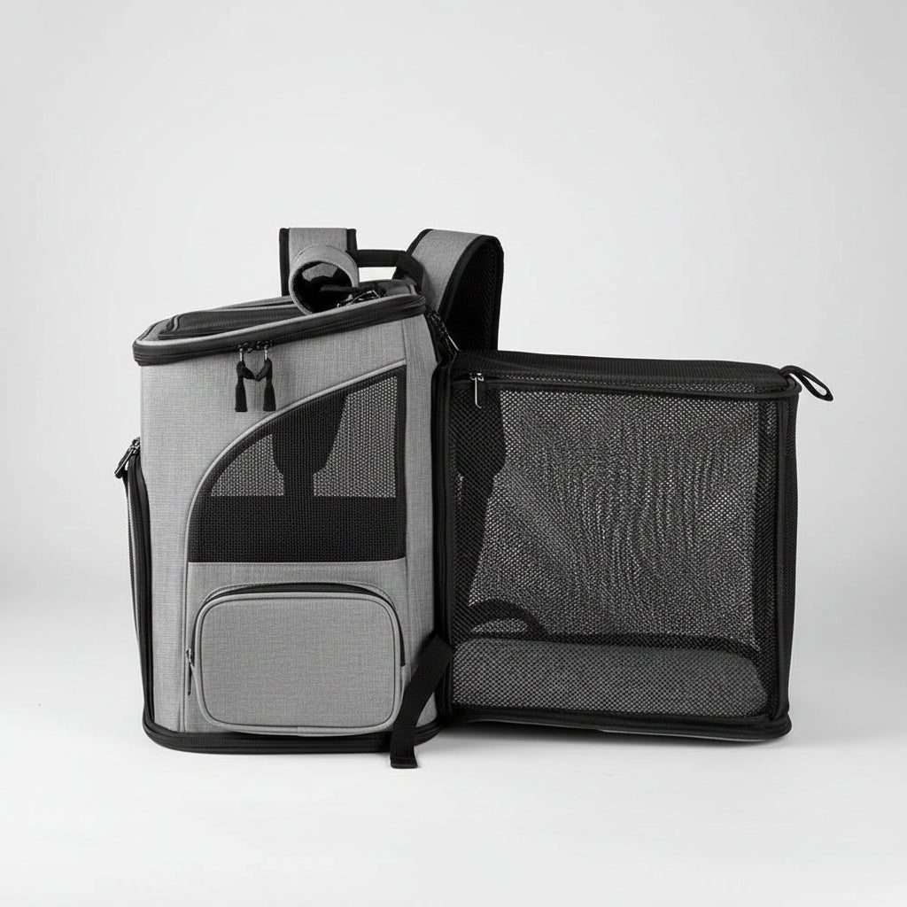 Gray pet carrier backpack with mesh sides on a white background