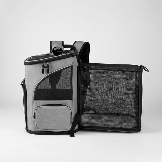 Gray pet carrier backpack with mesh sides on a white background