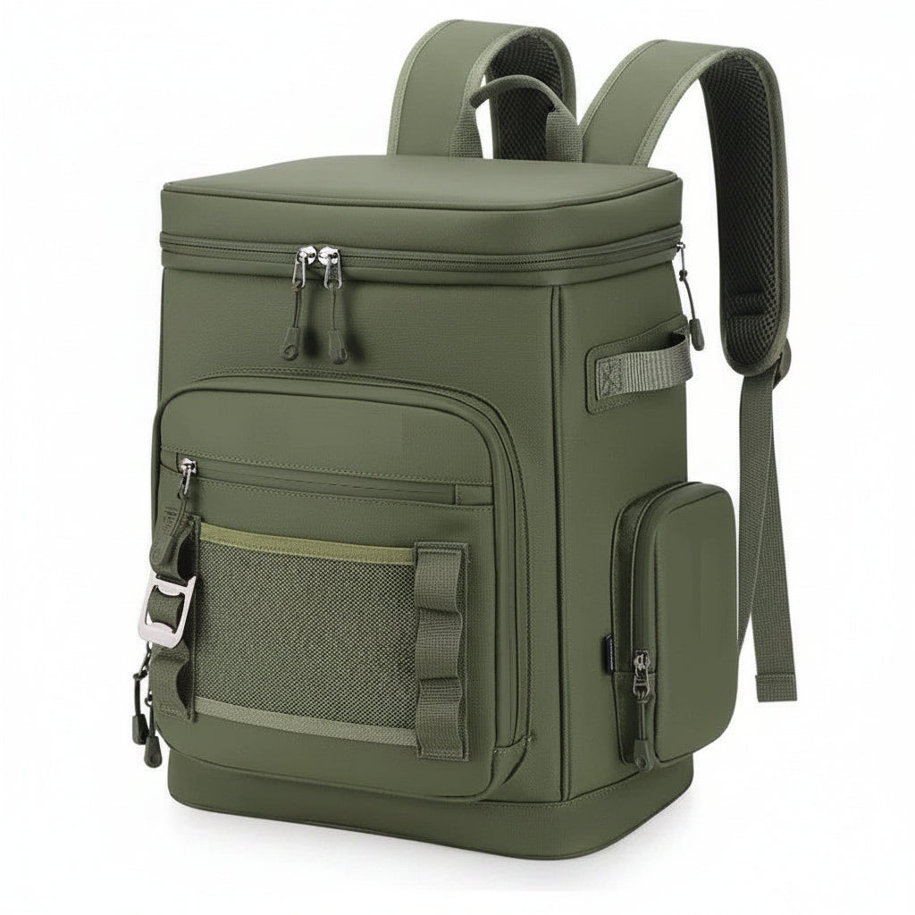Green backpack with compartments open, revealing snacks and drinks on a white background