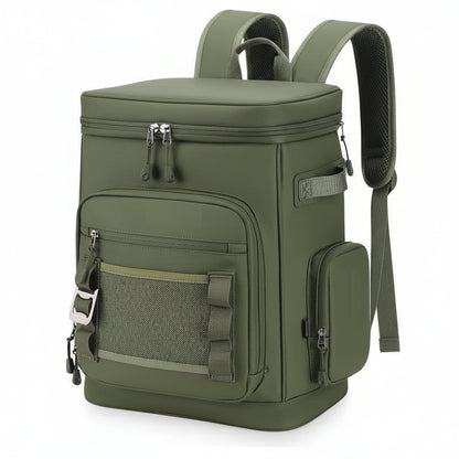 Green backpack with compartments open, revealing snacks and drinks on a white background