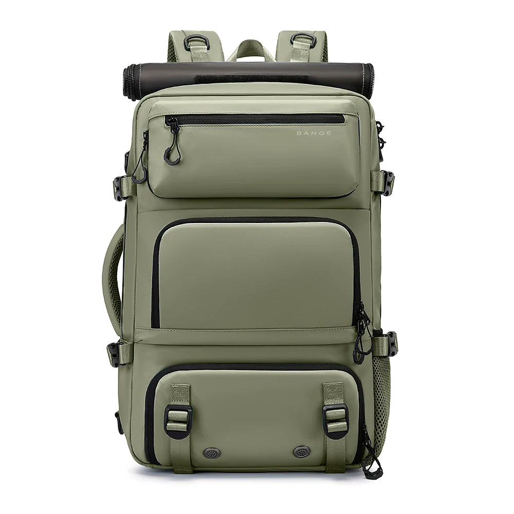 Green backpack with multiple compartments on a white background